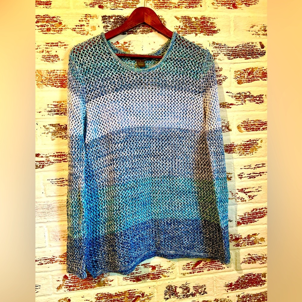 Ellee Open Weave Ombré Color Block Blue Crochet Knit Sweater Long Sleeve Sz L